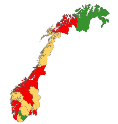 FYLKENE MED LUSEALARM. Grønt betyr lite lus, gult betyr noe lus, og rødt betyr mye lus. Oversikten er fra uke 35, 2020. Foto: Luseradar.no FYLKENE MED LUSEALARM. Grønt betyr lite lus, gult betyr noe lus, og rødt betyr mye lus. Oversikten er fra uke 35, 2020. Foto: Luseradar.no